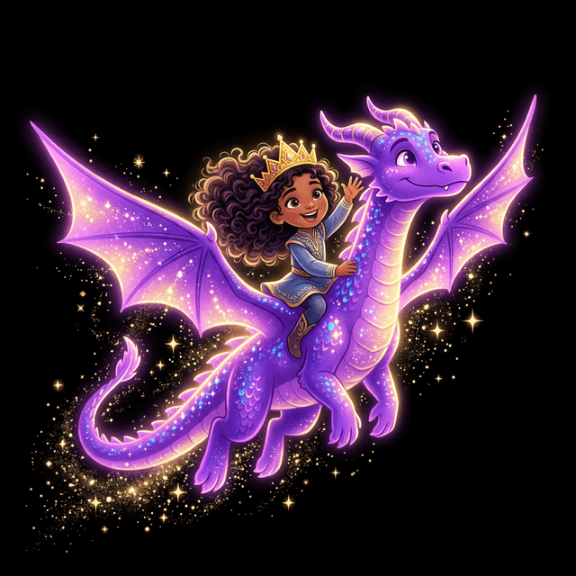 Girl riding a glowing purple dragon